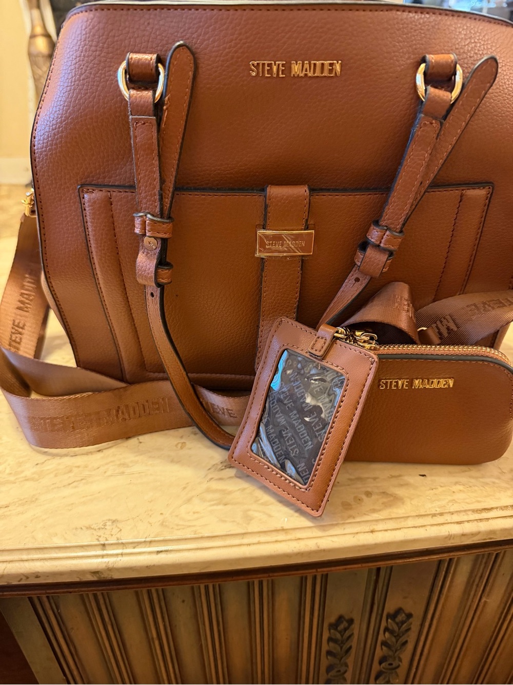 Steve Madden Tan/Brown Leather Messenger Bag with Matching Pouch